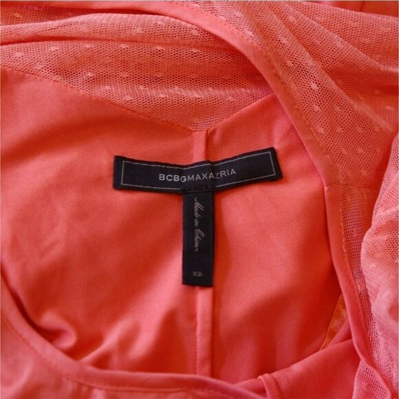 BCBGMaxAzria ✦ Coral Pink Tiered Dress ✦ Mesh Puff Sleeves Ruffle Layers V-Neck - Picture 6 of 7